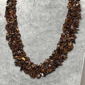 Tigers Eye Gemstone Chunky Collar Statement Necklace Natural Brown Chip Bead 20”